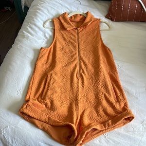 Skatie Orange Floral Textured Sleeveless Romper